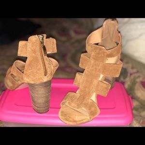 Camel color open toe shoe